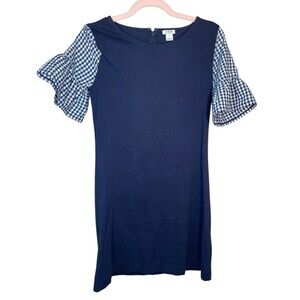 J Crew Womens Bell Sleeve Dress XS Blue White Gingham Casual Classic Nautical